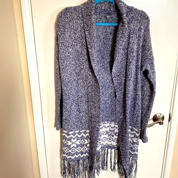 aerie Sweaters - Aerie-blue and white open cardigan with fringe- Size medium